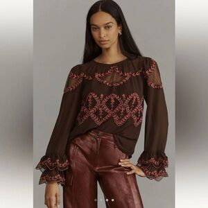 By Anthropologie Long-Sleeve lace Appliqué Blouse